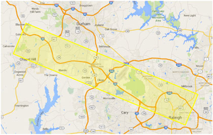 Figure 4.  This figure presents a map of the Raleigh-Durham, North Carolina, area.  A yellow box is used to identify the study region for the Triangle Transportation Study, which is the I-40 corridor between Raleigh and Durham.