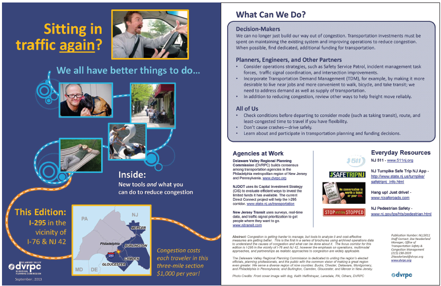 Screen capture of the front and back covers of an informational leaflet designed to inform decision-makers; planners, engineers, and agency partners; and the public at large about what they can do to help reduce congestion.