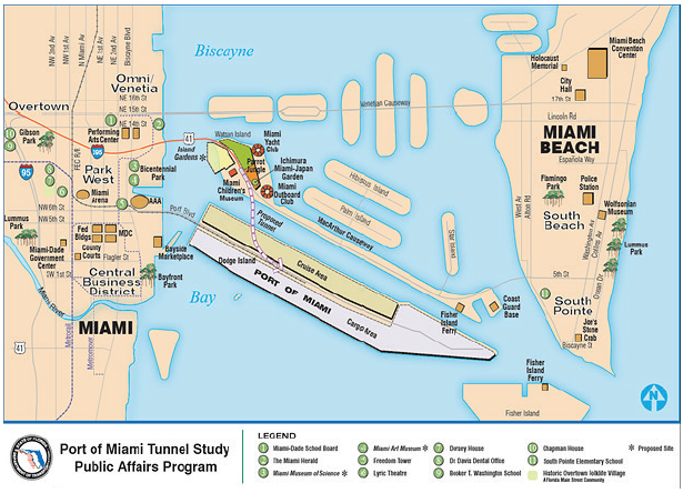 The map shows the Port of Miami and an outline of the proposed tunnel.