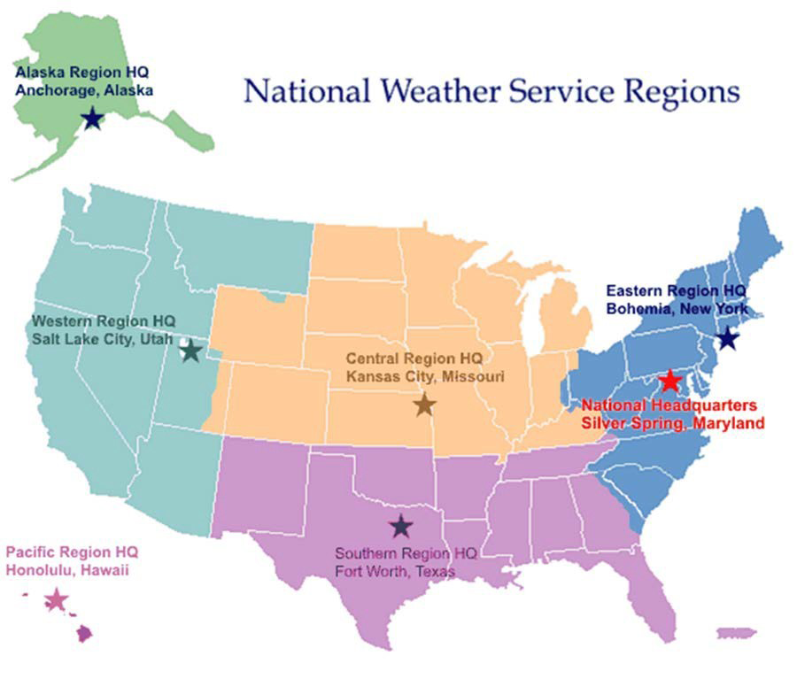 This map shows the locations of the National Weather Service Region Headquarters. They are Anchorage, Alaska; Salt Lake City, Utah; Honolulu, Hawaii; Fort Worth, Texas; Kansas City, Missouri; Bohemia, New York; and Silver Spring, Maryland.