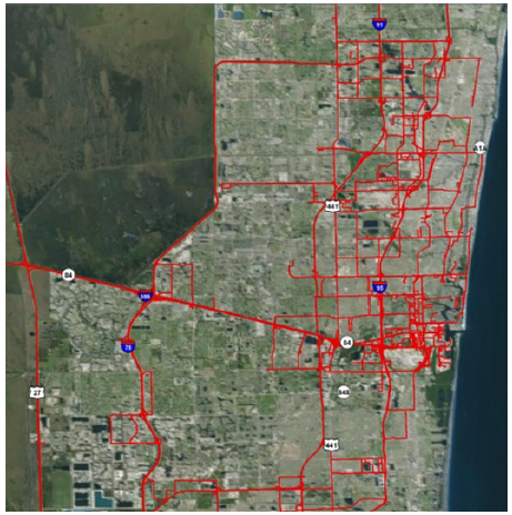 Satellite photo of Broward County, Florida with lines representing roadways overlaid to depict the routes tanker trucks take.
