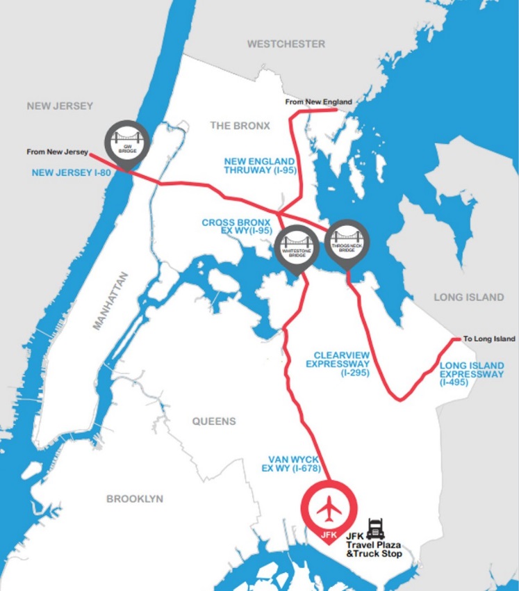 This map of New York City shows two routes one connecting New Jersey to Long Island, and one connecting Westchester to JFK.