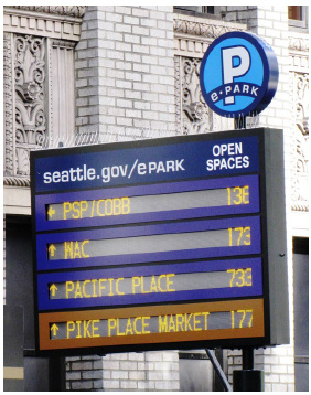 An e-Park message board mounted to a building shows the number of open parking spaces at nearby parking facilities.