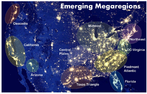 A United States map showing emerging megaregions. These include Cascadia (Oregon/Washington), California, Arizona, Midwest, Central Plains, Texas Triangle, Northeast, DC-Virginia, Piedmont Atlantic, and Florida.