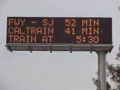 Figure 27. Photo of a variable message sign displaying: FWY-SJ 52 minutes, Caltrain 41 minutes, train at 5:30.