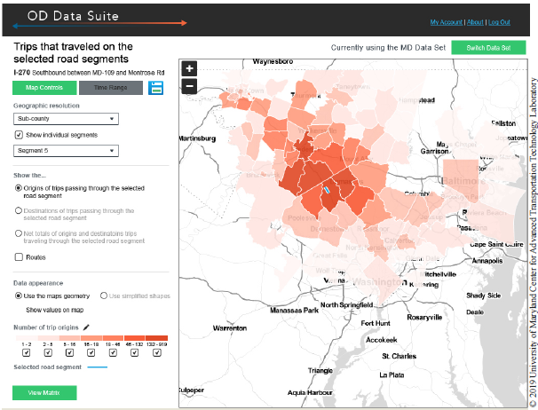 The O-D Analytics suite illustrates a heatmap drawn over a roadmap of the Washington Metropolitan area that illustrates the origin of trips that traveled on a specific road segment. Copyright 2019 University of Maryland Center for Advanced Transportation Technology Laboratory.