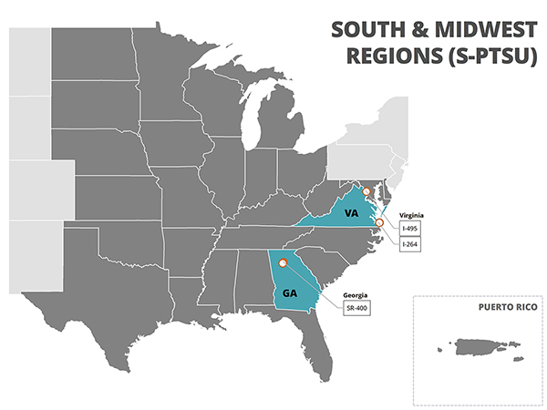 A map of the Southern and Midwest Region of the United States with Virginia and Georgia highlighted in blue.