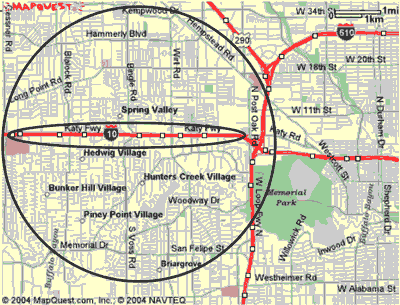 map of Katy, Texas, showing a section of Katy Freeway circled within a larger circle superimposed on the city