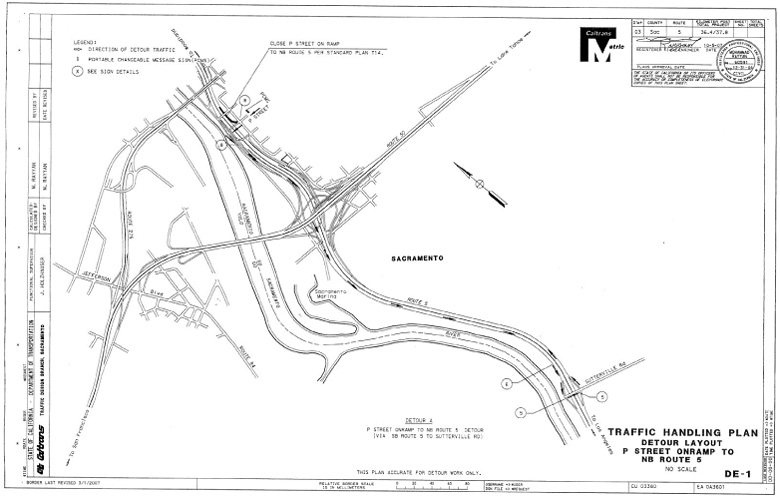 DE-1 Traffic Handling Plan, Detour Layout, P Street Onramp to NB Route 5