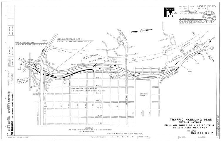 Revised DE-7 Traffic Handling Plan, Detour Layout, EB and WB Route 50 and NB Route 5 to Q Street Off Ramp
