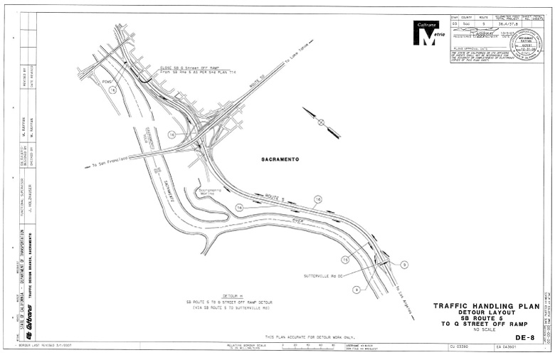 DE-8 Traffic Handling Plan, Detour Layout, SB Route 5 to Q Street Off Ramp