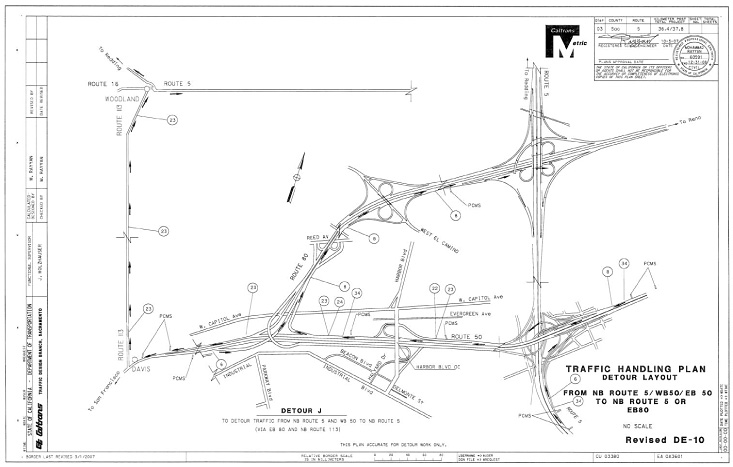 Revised DE-10 Traffic Handling Plan, Detour Layout, From NB Route 5, WB 50, EB 50 to NB Route 5 or EB 80