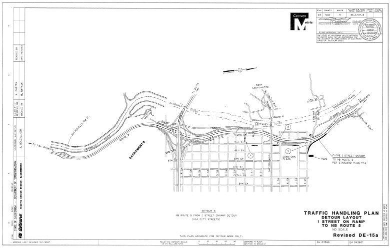 Revised DE-15a Traffic Handling Plan, Detour Layout, I Street On Ramp to NB Route 5