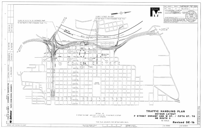 Revised DE-1b Traffic Handling Plan, Detour Layout, P Street Onramp and W St., Fifth St. to NB Route 5