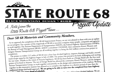 This figure shows an example of one of the public outreach newsletters that ADOT distributed to the public periodically. The newsletter is titled, "State Route 68 Project Update", and the letter starts off reading, "Dear SR 68 Motorists and Community Members." 