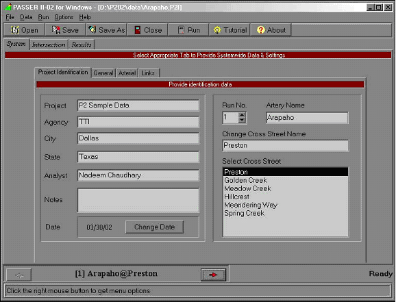 Screenshot of a PasserII-02 input screen, showing project identification tab and data to provide systemwide data and settings.