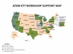 Graphic. ATDM KTT Workshop Support Map - This map is a visual representation of the supporting peer states and completed ATDM KTT workshops listed on this page.