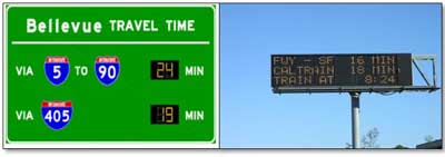 Pictures of two different freeway signs displaying travel time.