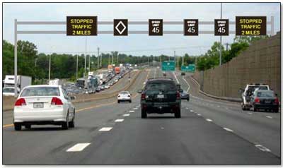 Picture of the active traffic management system on I-66 in Virginia showing variable speed limits.