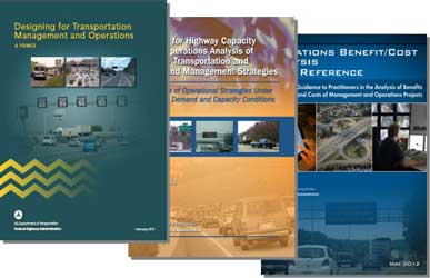 Picture of three report covers for Dynamic Parking Pricing Primer, Ramp Metering Prime, and Integrating Demand Management into the Transportation Planning Process:  A Desk Reference.