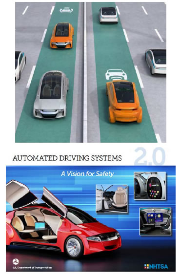 Two images: 1) animated highway of self-driving cars, 2) Image of red self driving vehicle with doors open
