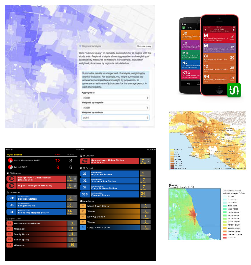 five images of maps and smartphone transportation app screens