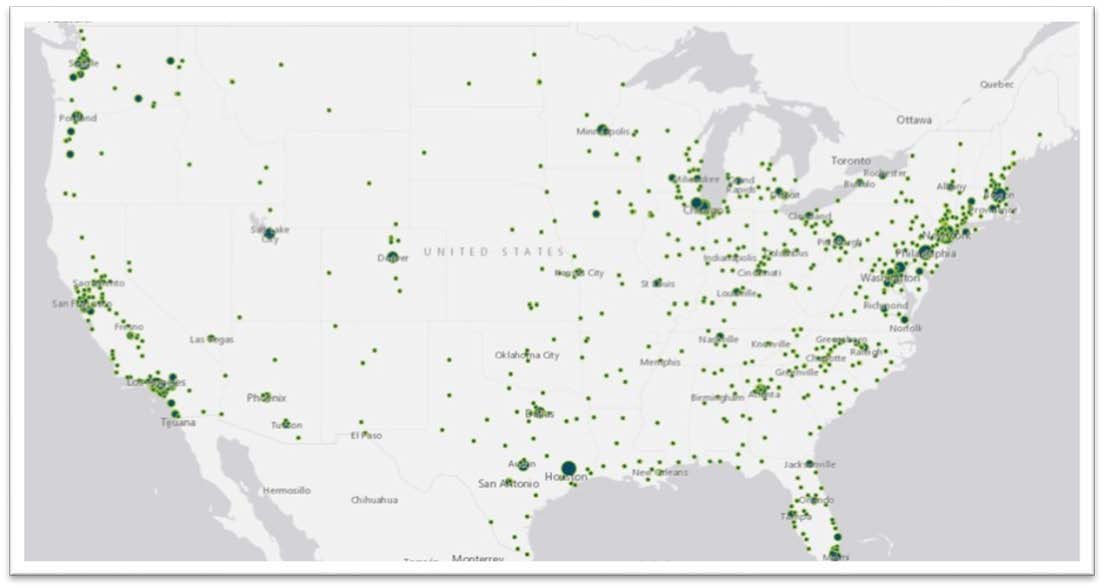 map of the continental U.S. marked with green dots of varying size indicating transit data locations.