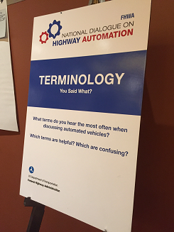 Image of a poster displaying the National Dialogue on Highway Automation logo and the words: Terminology - You Said What?. Below are three questions: What terms do you hear the most often when discussing automated vehicles? Which terms are helpful? Which are confusing?