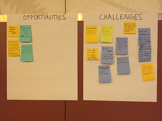 Image of of two charts displaing: Opportunities and Challenges with sticky notes.