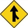 Image of a diamond-shaped sign. A merging sign showing a black arrow pointing up and a curved line joining the bottom shaft of the arrow on the right side.