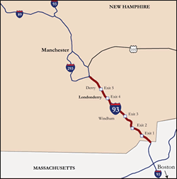 a schematic map of the project area along I-93