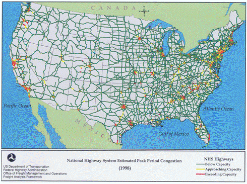 This national map shows congestion on the National Highway System in 1998. Color-coded lines are used to represent highways that are either 1) below capacity; 2) approaching capacity; or 3) exceeding capacity. Many highways in urban areas are shown as exceeding capacity; however, highways in smaller cities are also shown as approaching or exceeding capacity.