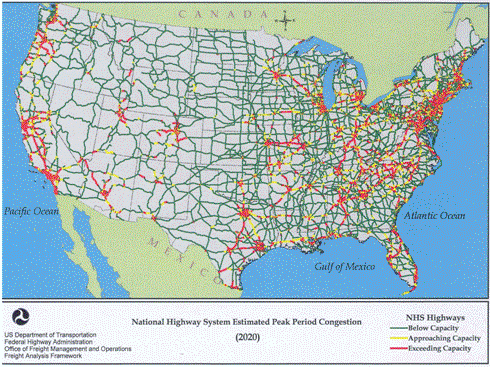 This national map shows projected congestion estimates on the National Highway System in 2020. Color-coded lines are used to represent highways that are either 1) below capacity; 2) approaching capacity; or 3) exceeding capacity. The projected congestion estimates are much worse than the 1998 estimates shown in the previous map.