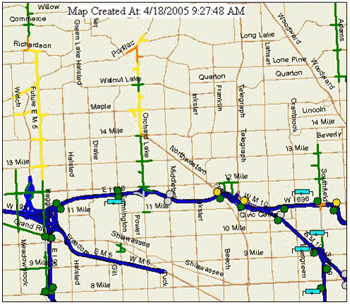 This map shows road conditions for Oakland County, Michigan. Several of the roadway links are color coded and appear to be clickable for obtaining additional information.