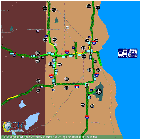 This map shows road conditions for Milwaukee, Wisconsin. Several of the roadway links are color coded and appear to be clickable for obtaining additional information. Estimated travel times are also shown for certain roadway links.