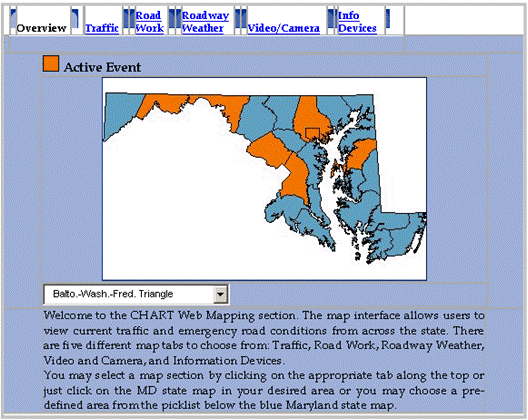 This figure shows a web page interface for traffic incidents in the Maryland traffic management software. The interface shows a map of the state of Maryland with several pieces of the state subdivided and apparently hyperlinked to additional information.