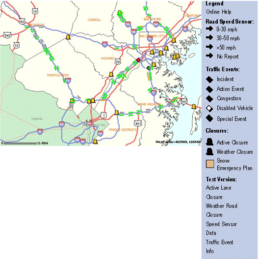 This figure shows another more detailed web page interface for traffic conditions in Maryland. In this view, one can see specific color-coded roadways as well as icons and legends for additional special events, traffic incidents, or road closures.
