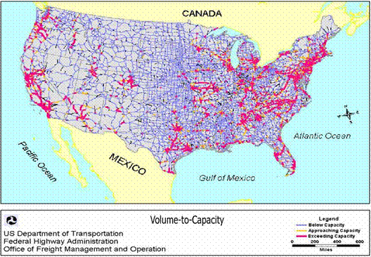 This figure shows a map of the continental United States with colored lines representing the 2020 congestion forecasts (as measured by volume-to-capacity ratios) on all Interstate and National Highway System roads, assuming that trucks are present. On the map, congestion is seen around small to large cities, and even outside of cities.