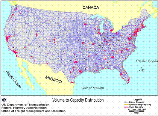 This figure shows a map of the continental United States with colored lines representing the 2020 congestion forecasts (as measured by volume-to-capacity ratios) on all Interstate and National Highway System roads, assuming that no trucks are present. On the map, congestion is concentrated around large cities.