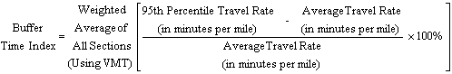 The buffer index for each road section is calculated as the difference between the 95th percentile travel rate and the average travel rate, which is then divided by the average travel rate. The buffer indexes for individual road sections are combined by taking a weighted average by VMT.
