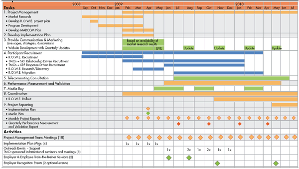 A project management plan is plotted on a schedule extending from September 2008 through July 2010. It lists nine distinct tasks, some with subtasks, and five distinct activities.