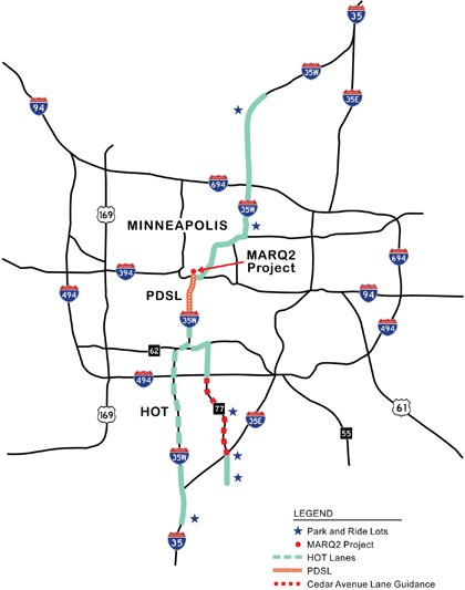 A map shows the highway network in and around Minneapolis and Saint Paul. It shows the track of Route 35 with its splits into Route 35E and Route 35W; Route 94 with its splits into Route 494 and Route 694, Route 169, Route 77, Route 55, Route 61, and Route 394. HOT lanes are labeled along most of Route 35W and along a portion of Route 77. Cedar Avenue Lane Guidance is indicated along a portion of Route 77. PDSL is indicated along the central urban portion of Route 35W, with the MARQ2 Project indicated at the intersection of Route 35W with Route 394. Locations of Park and Ride Lots are also shown along Route 35W and Route 77.