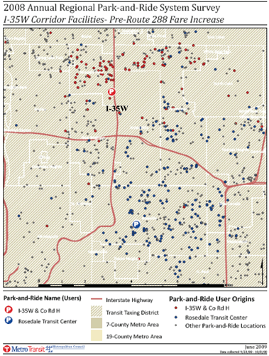 A map of a portion on I-35W is populated by points that indicate the origins of park and ride users who use two specific Park and Ride facilities in the transit taxing district.