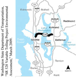 Figure 2-2. Map of the Seattle area showing major highways. The portion of State Route 520 between Interstate Route 405 and Interstate Route 5 is indicated by highlighting. Washington State Department of Transportation, SR 520 Variable Tolling Project Environmental Assessment, March 2009.