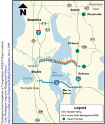 Figure 2-3. Seattle/LWC UPA Tolling and Technology Projects. Map of the Seattle area showing major highways. The portion of State Route 520 between Interstate Route 405 and Interstate Route 5 is indicated by highlighting to represent variable tolling. This highway and a portion that extends farther east toward Bellevue is also indicated by highlighting to represent active traffic management. The portion of Interstate 90 between Interstate Route 405 and Interstate Route 5 is indicated by highlighting to represent active traffic management. Labels indicating travel time signage are located at Bellevue, Kirkland, and Woodinville. Washington State Department of Transportation, WSDOT Projects website, Lake Washington Congestion Management Projects, http://www.wsdot.wa.gov/Projects/LkWaMgt/UPAmap.htm, July 4, 2009.
