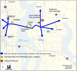 Figure 2-4. Seattle/LWC UPA Transit Projects. Map of the Seattle area showing major highways. The portion of State Route 520 between Interstate Route 405 and Interstate Route 5 is indicated by highlighting and arrows in various directions to represent transit routes included in the service concept. Proposed real time information sign locations are indicate by dots at Montlake, Evergreen Point, and Yarrow Point. Park and Ride routes are indicated by dots at South Kirkland and Redmond.