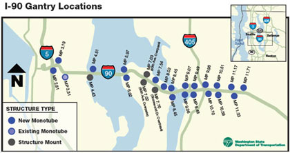 The lower map shows gantry locations on Interstate 90. On a portion extending from east of Interstate 406 to Interstate 5, dots indicate the locations twenty new monotubes, one existing monotube, and three structure mounts.