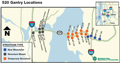 Figure 2-6. UPA ATM Gantry Locations. Two maps showing major roadways. The upper map shows gantry locations on a portion of Route 520 between Interstate 405 and Interstate 5. Around the intersection area with Interstate 405, dots indicate the location of four new monotubes. Immediately to the west, dots indicate the locations of ten temporary structures. Approaching the intersection with Interstate Route 5, dots indicate the location of five structure mounts. 