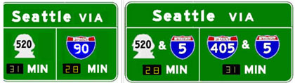 Figure 2-8. Possible Travel Time Sign Designs. The designs show digital update windows for indicating travel time to destinations on the routes ahead.