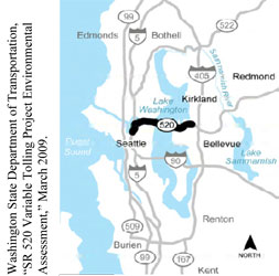 Figure ES-1. Map of the Seattle area showing major highways. The portion of State Route 520 between Interstate Route 405 and Interstate Route 5 is indicated by highlighting. Washington State Department of Transportation, SR 520 Variable Tolling Project Environmental Assessment, March 2009.